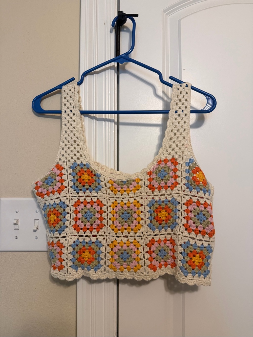 Cream Crochet Tank Top with Multicolor Granny Squares